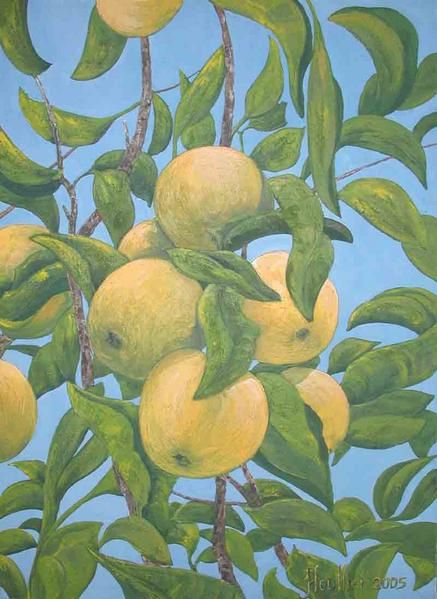 Le tableau '' Goldens '' Peinture de fruits sur l'arbre, grand format de 1Mx73Cm huiles et acryliques