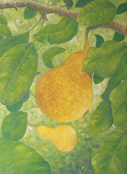 Peintures décoratives de fruits et légumes. Des poires sur l'arbre, la toile '' POIRIERS ''. Oil on canvas by Alexandre Houllier, french artist drawer and painter from provence 
