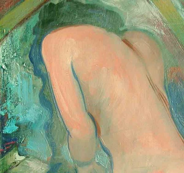 Un détail agrandi de la peinture '' la Volte '', petit format nu féminin par Alexandre Houllier, peintre et sculpteur