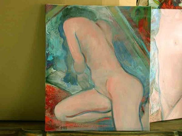 Etude de nu féminin ''La Volte '' ici, dans l'atelier-galerie au séchage à coté de '' L'Etude '', autre tableau de la meme série et du meme format