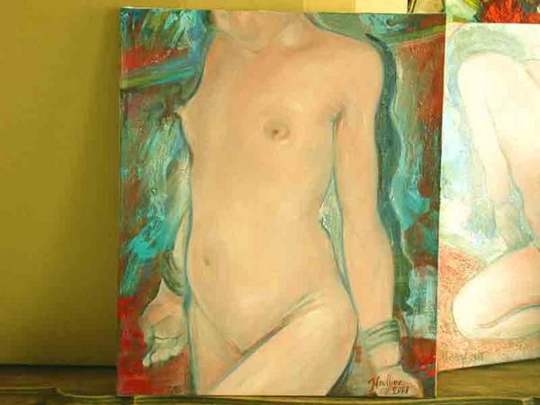 Nu féminin contemporain '' L'Etude '', peinture huile et acrylique sur toile petit format : 55x46Cm