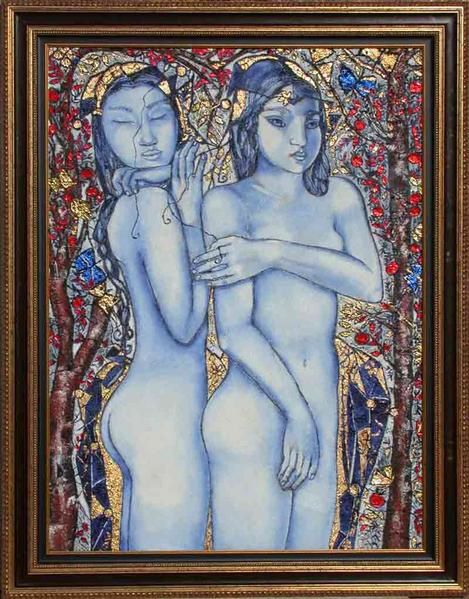 Oils on canvas, modern contemporary art, females nudes and portraits. Le tableau '' LA PROPOSITION '', peinture huile sur toile, feuille d'or et inclusions. Painting by Raphaelle Zecchiero, french artist painter 