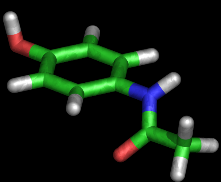 Molécule de paracétamol en 3D: domaine public Source Wikipédia