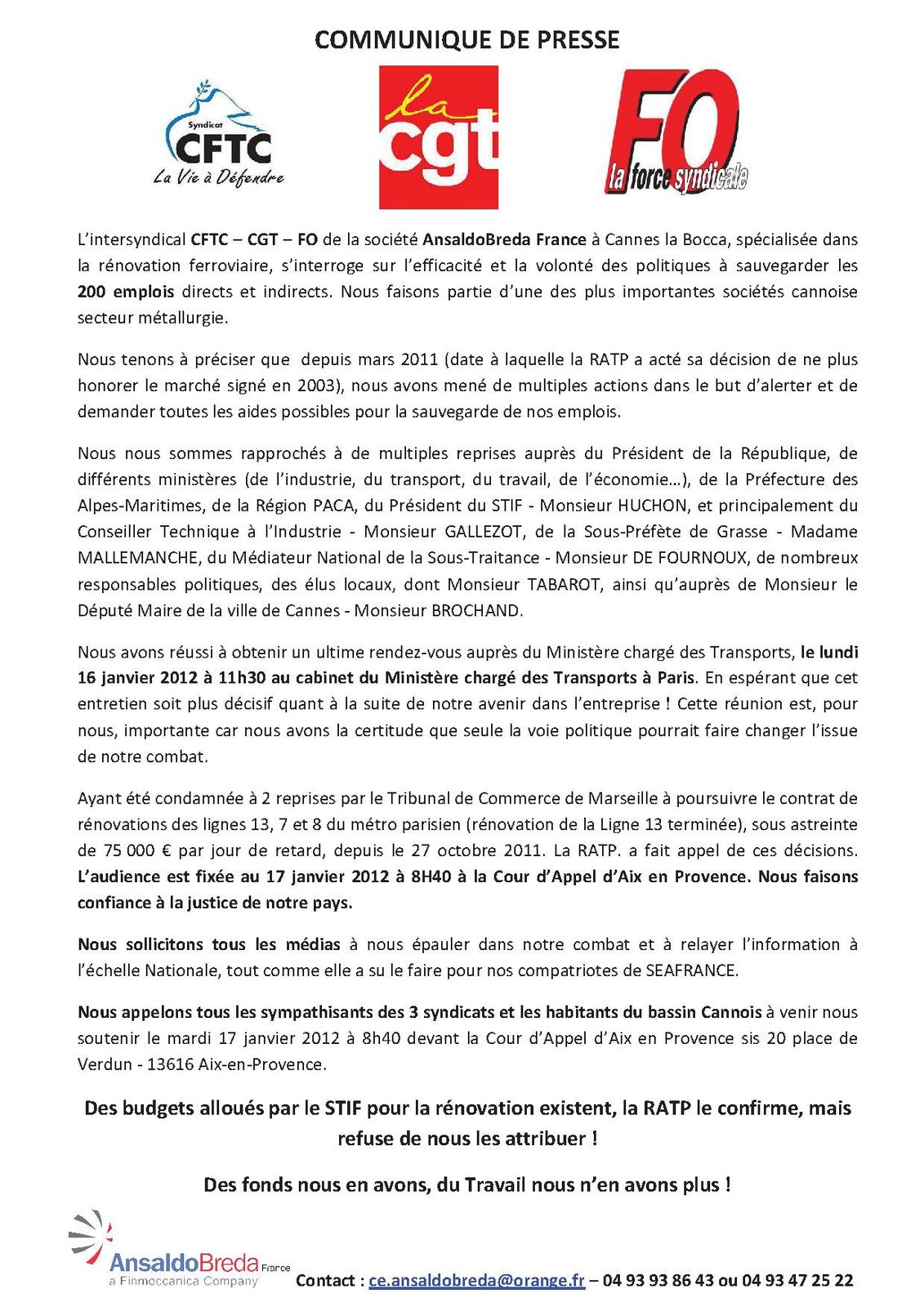 COMMUNIQUE DE PRESSE INTERSYNDICAL ABF du 10.01.2012