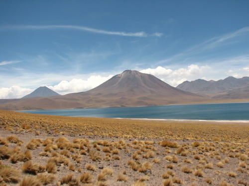 Au premier plan le lac Miscanti, au fond à gauche le volcan Licancabur Le lac de Miscanti