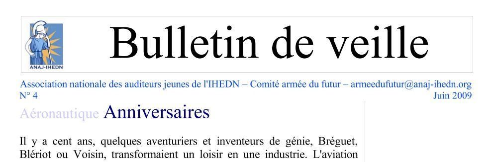 comité Armée du futur de l'ANAJ-IHEDN : bulletin de veille n°4 juin 2009 comité Armée du futur de l'ANAJ-IHEDN : bulletin de veille n°4 juin 2009