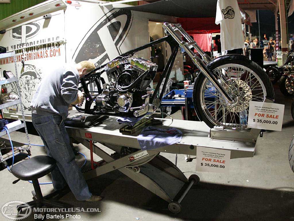 Custom builder Paul Yaffe built a bike at the show which he planned on selling for $35,000 once finished. Here is the work in progress at the three-hour mark. sources : http://www.motorcycle-usa.com Custom builder Paul Yaffe built a bike at the show which he planned on selling for $35,000 once finished. Here is the work in progress at the three-hour mark. sources : http://www.motorcycle-usa.com