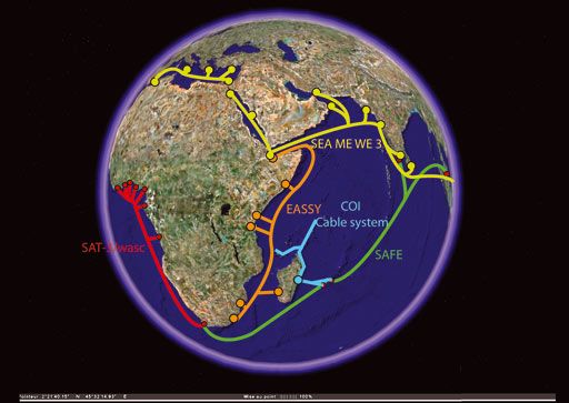 Tracé des câbles sous-marins dans l'océan indien