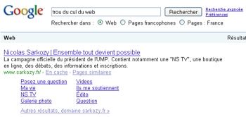 Page résultat recherche google sur sarkozy trou du cul du web