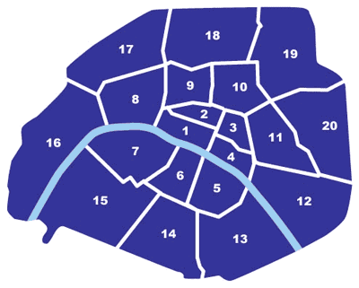 Carte délimitant des arrondissements de Paris