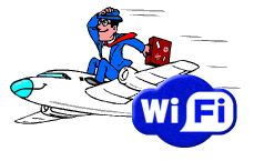Dessin d'un voyaguer assis sur la carlingue d'un avion au symbole wi-fi