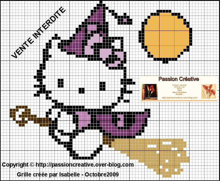 Grille gratuite point de croix : Hello Kitty en sorcière d'Halloween -  Passion creative