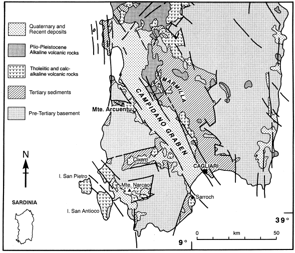 Sketch map of the geology of southern Sardinia showing loca