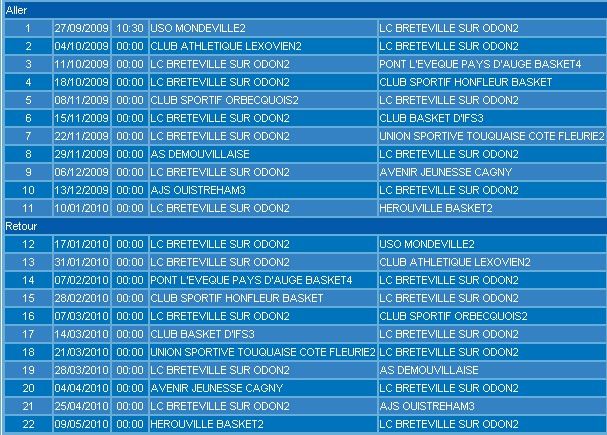 Calendrier rencontres basket