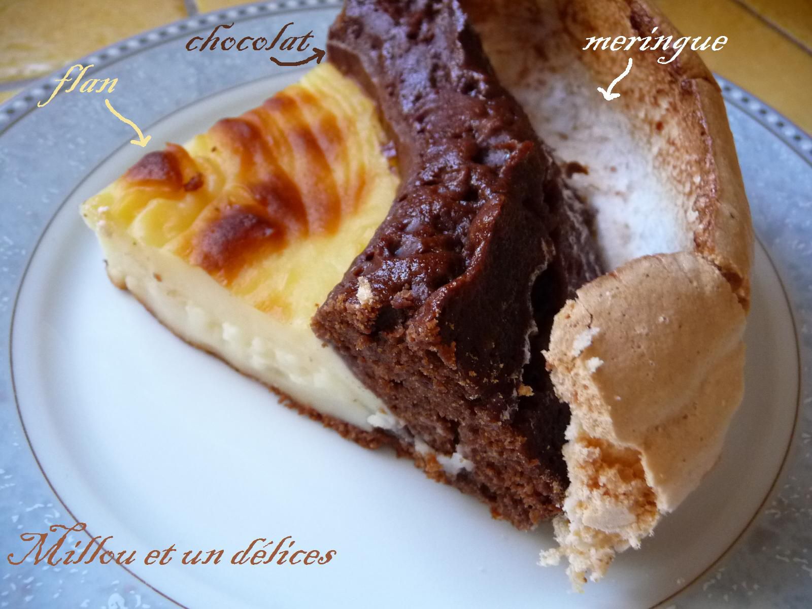 Dessert 3 en 1: flan, gâteau au chocolat, meringue