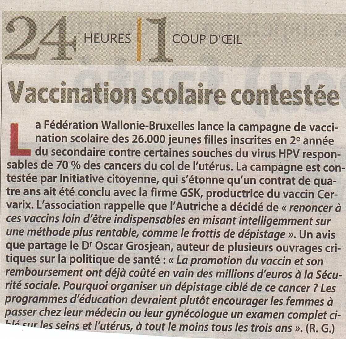 Le Soir 15 sept 2011 Vaccination HPV