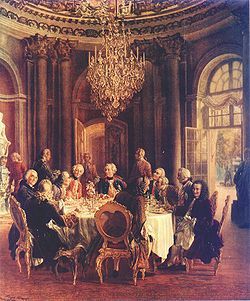Tableau d'A.von Menzel représentant Voltaire invité de Frederic II au chateau de Sans Souci à Potsdam