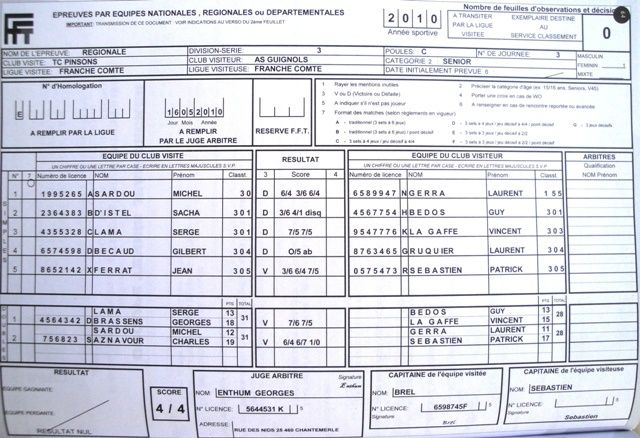 Remplir sa feuille de résultats &amp; rôle du capitaine. - Tennis Club  Mathay n°12 25 0168