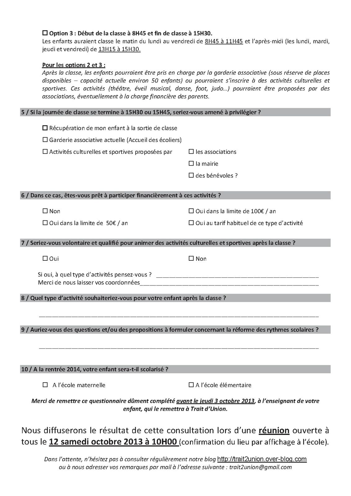 BILAN RYTHMES SCOLAIRES – Résultats du Questionnaire des associations de
