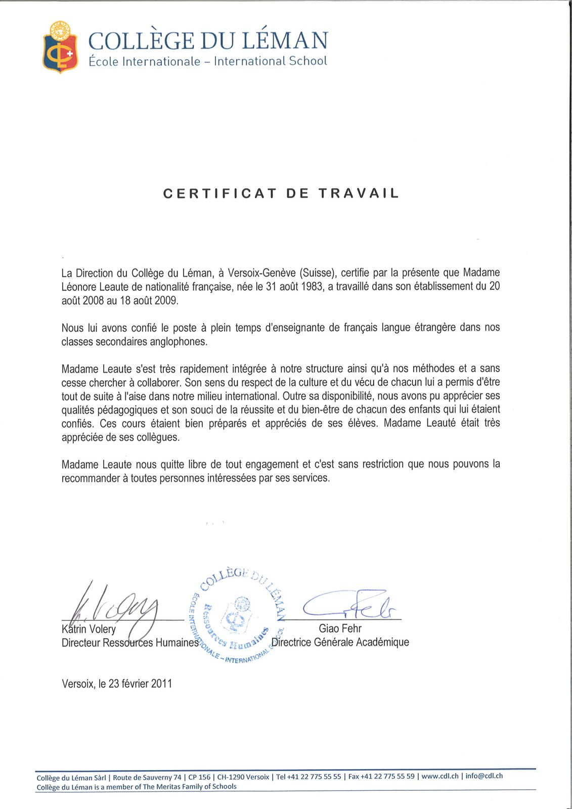 Certificat de travail au Collège du Léman  Le blog de cv.leonore