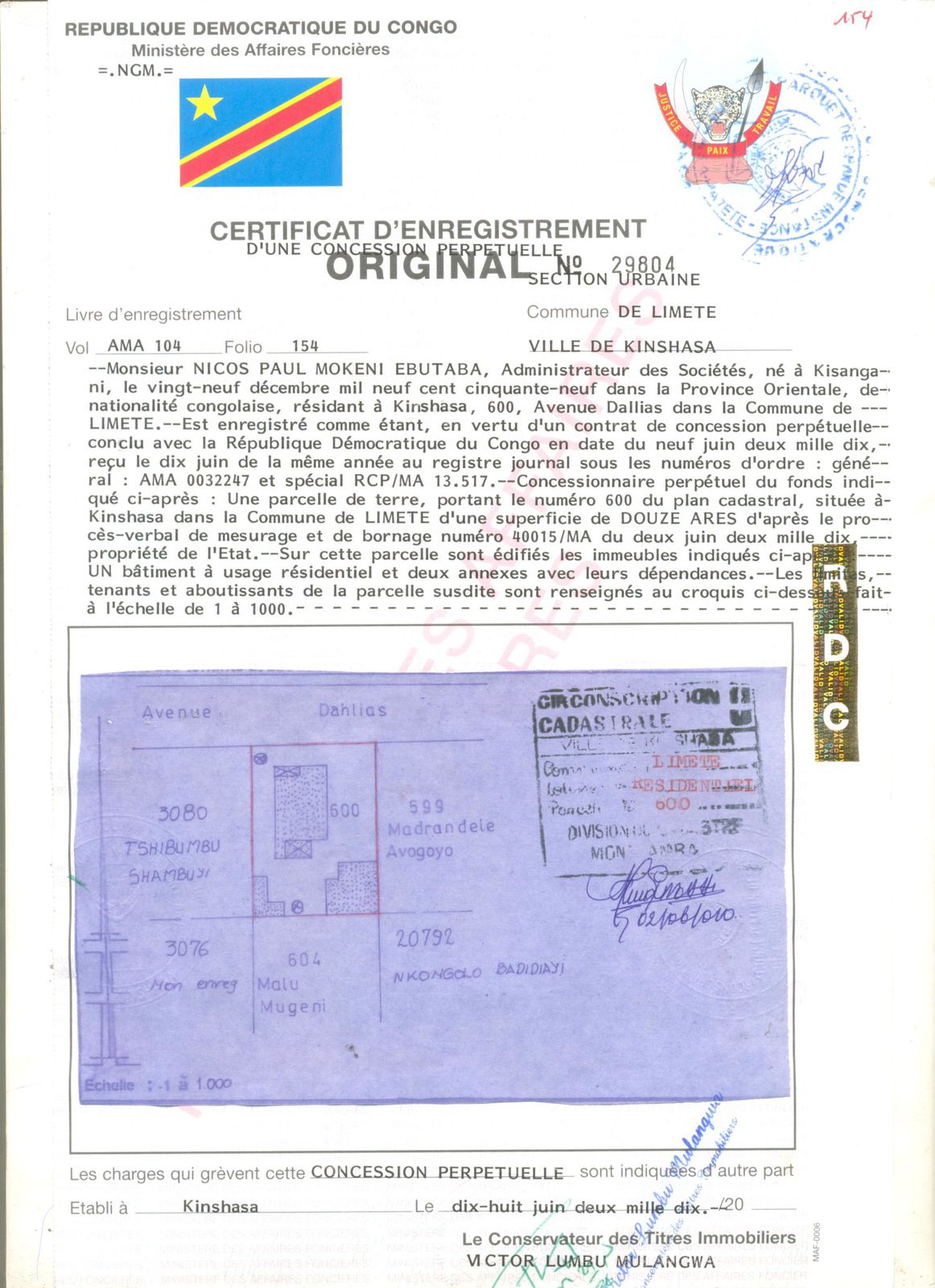 Certificat d'EnregistrementM NICOS PAUL MOKENI EBUTABA par