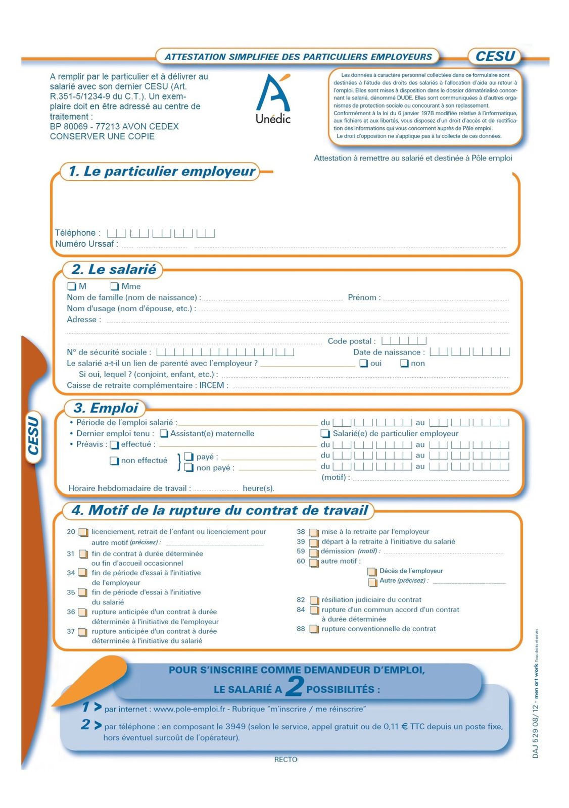 Attestation Pôle Emploi (ASSEDIC) vierge (pour impression) - Cours  particuliers de mathématiques à Grenoble