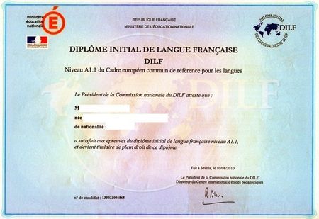 Diplôme de fin des cours de français