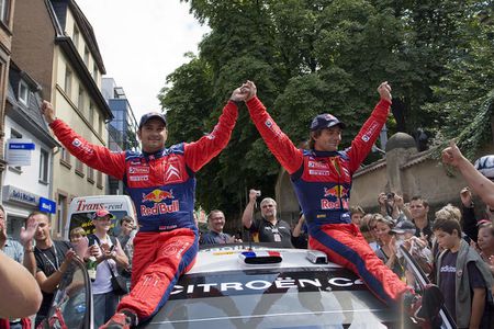 Sébastien Loeb and Daniel Elena celebrating victory at the 2008 Rally