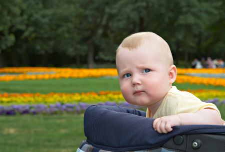 Small child sitting in a children's carriage