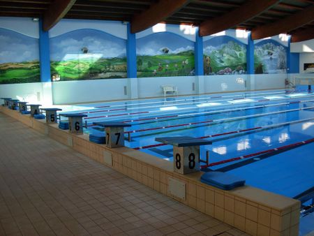 1 Veduta di una piscina al coperto, con in primo piano i it:blocchi di