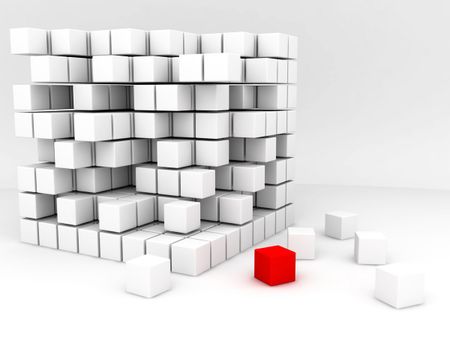one red and many white cubes
