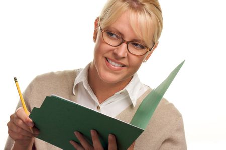 Beautiful Woman Uses Pencil and Folder