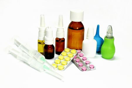 nasal spray, syringes, packs of pills and rubber pear isolated o