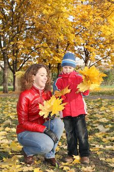mother with son in the park in autumn with yellow leaves