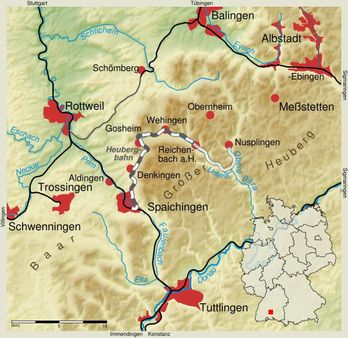 Karte der Heubergbahn. map of Heubergbahn (railroad SpaichingenReichen