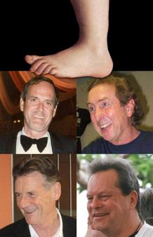 A collage of four of the six members from Monty Python , and the famou