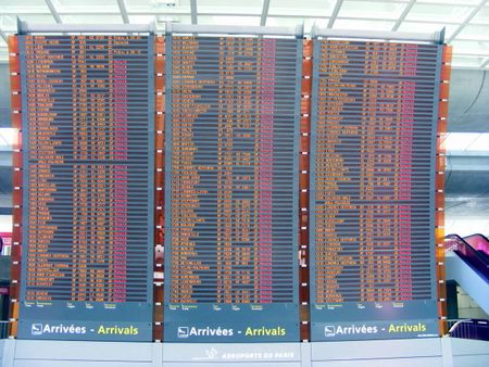 Screens of cancelled flights at Paris CDG during the ash cloud disrupt
