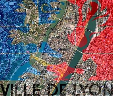 Superposition du logo de la ville de Lyon et d'un plan de la ville