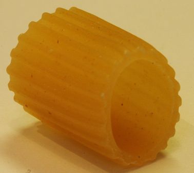 Mezzi Rigatoni-shaped pasta. Approximately 0.5' diameter and 0.5' lon