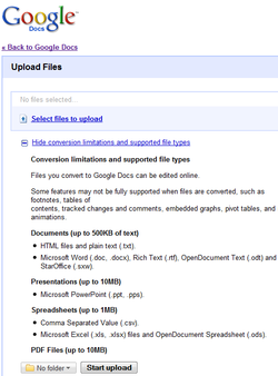 Google Docs upload options