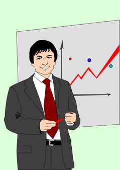 The businessman on a background of a wall with the diagram