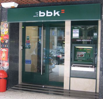 1 Office of Bilbao Bizkaia Kutxa savings bank with signs in Spanish, i