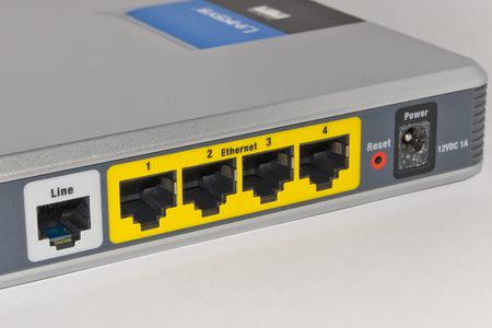 Connections on an ADSL Modem Router (From Left: ADSL line, Etherenet p