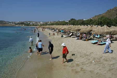 The beach of Kalafatis on the Island of Mykonos in Greece