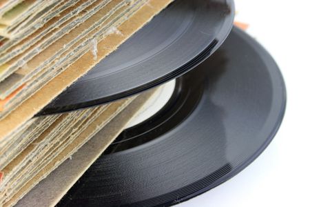 Close up of old Vinyl Records - focus on the record
