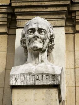 1 a bust of Voltaire, on the façade of Lycée Voltaire in Paris 1 Bus