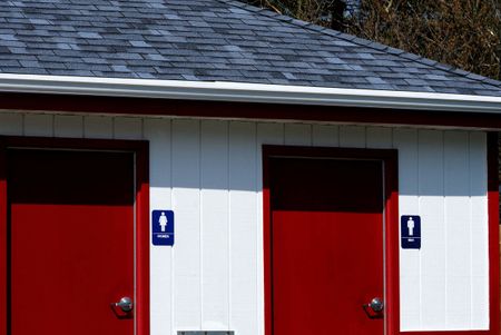 Red Doors to the Restrooms