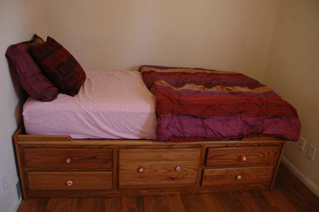 Twin Captain's bed, oak, hardwood floors, 2345