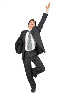 armenian businessman with portfolio and lifted hand