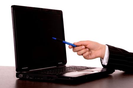 businessperson to point on laptop